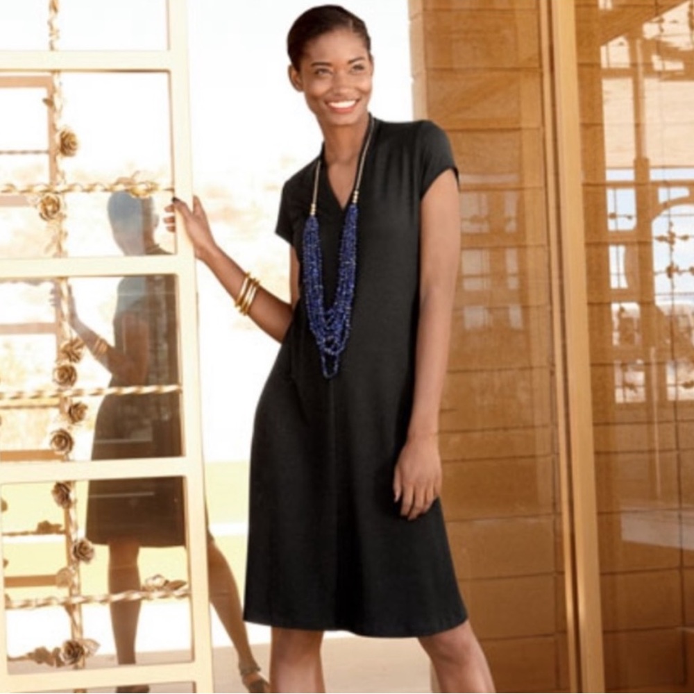 Eileen Fisher Drape V-Neck Lightweight Viscose Jersey Dress Black‎ Petite Small